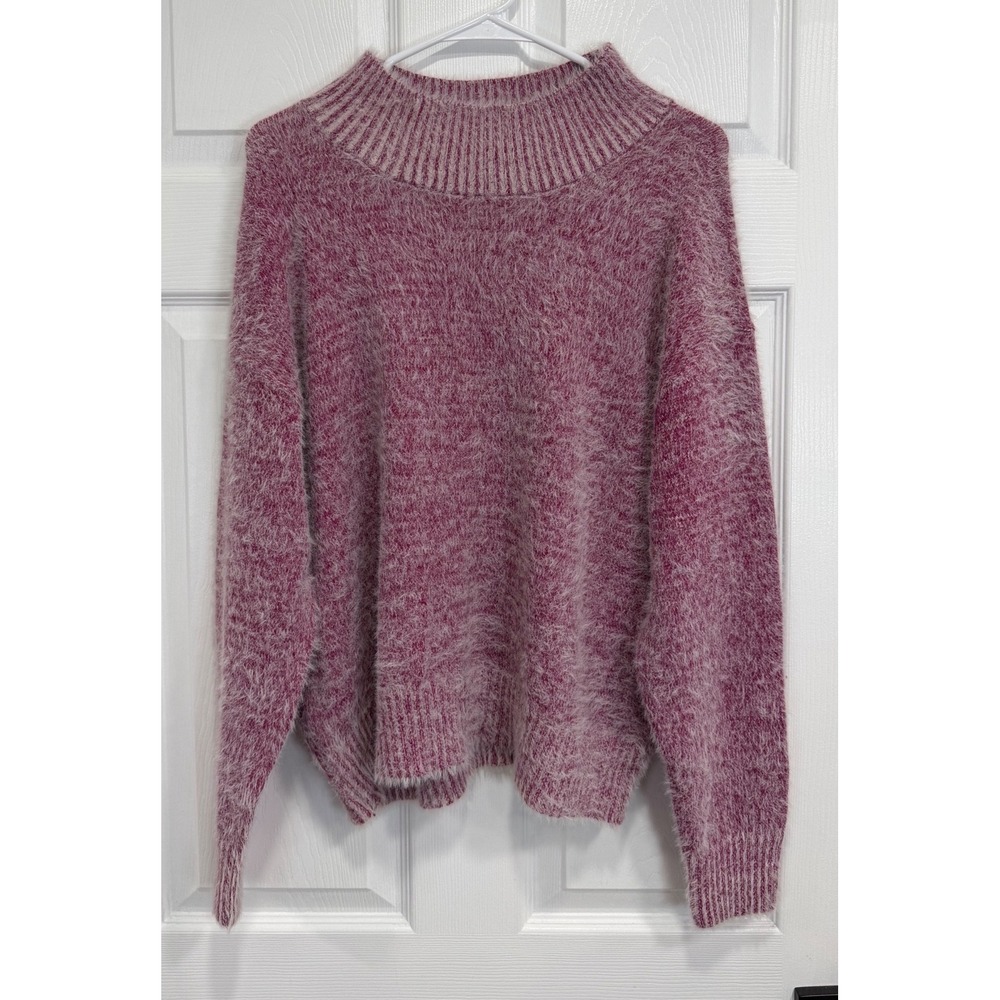 Falls Creek Womens 1X Pink Marled Fuzzy Eyelash Knit Mock Neck Sweater